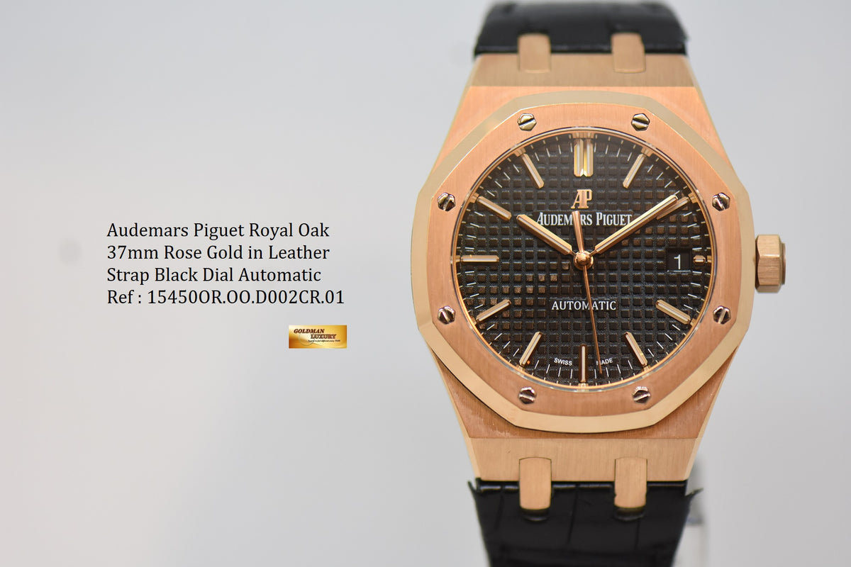 [SOLD] AUDEMARS PIGUET ROYAL OAK 37mm ROSE GOLD IN LEATHER STRAP BLACK DIAL AUTOMATIC 15450OR (MINT)