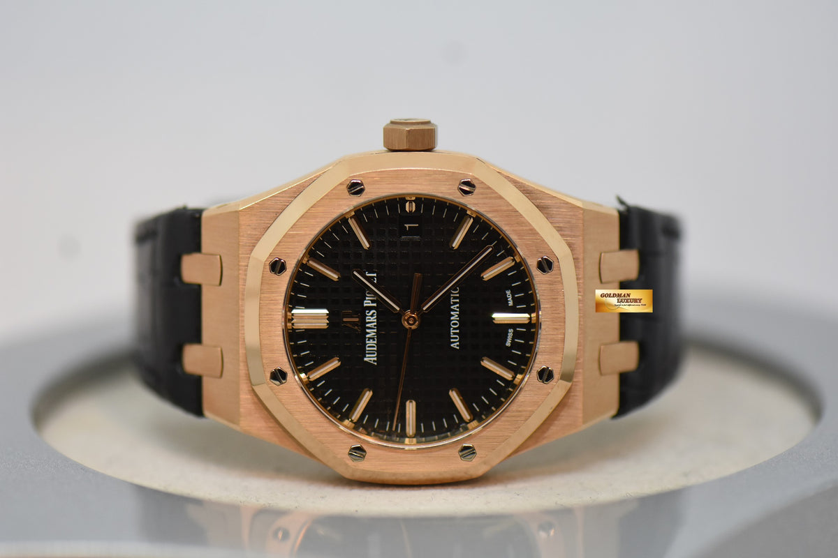 [SOLD] AUDEMARS PIGUET ROYAL OAK 37mm ROSE GOLD IN LEATHER STRAP BLACK DIAL AUTOMATIC 15450OR (MINT)