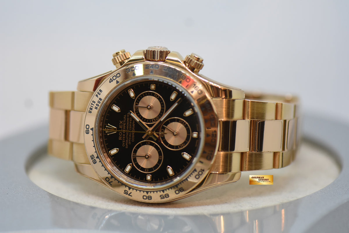 [SOLD] ROLEX OYSTER PERPETUAL DAYTONA CHRONOGRAPH 40mm EVEROSE GOLD IN OYSTER BRACELET BLACK DIAL 116505 (MINT) (RX-8 STICKERS ON)