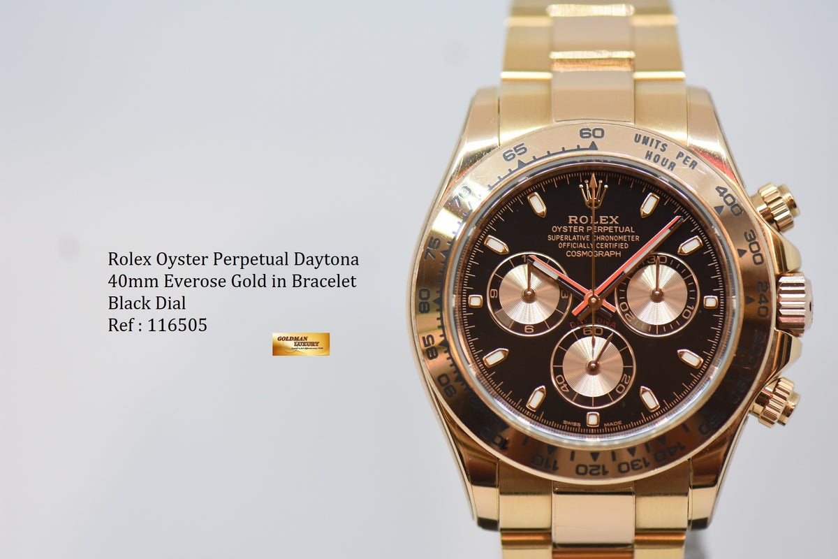 [SOLD] ROLEX OYSTER PERPETUAL DAYTONA CHRONOGRAPH 40mm EVEROSE GOLD IN OYSTER BRACELET BLACK DIAL 116505 (MINT) (RX-8 STICKERS ON)