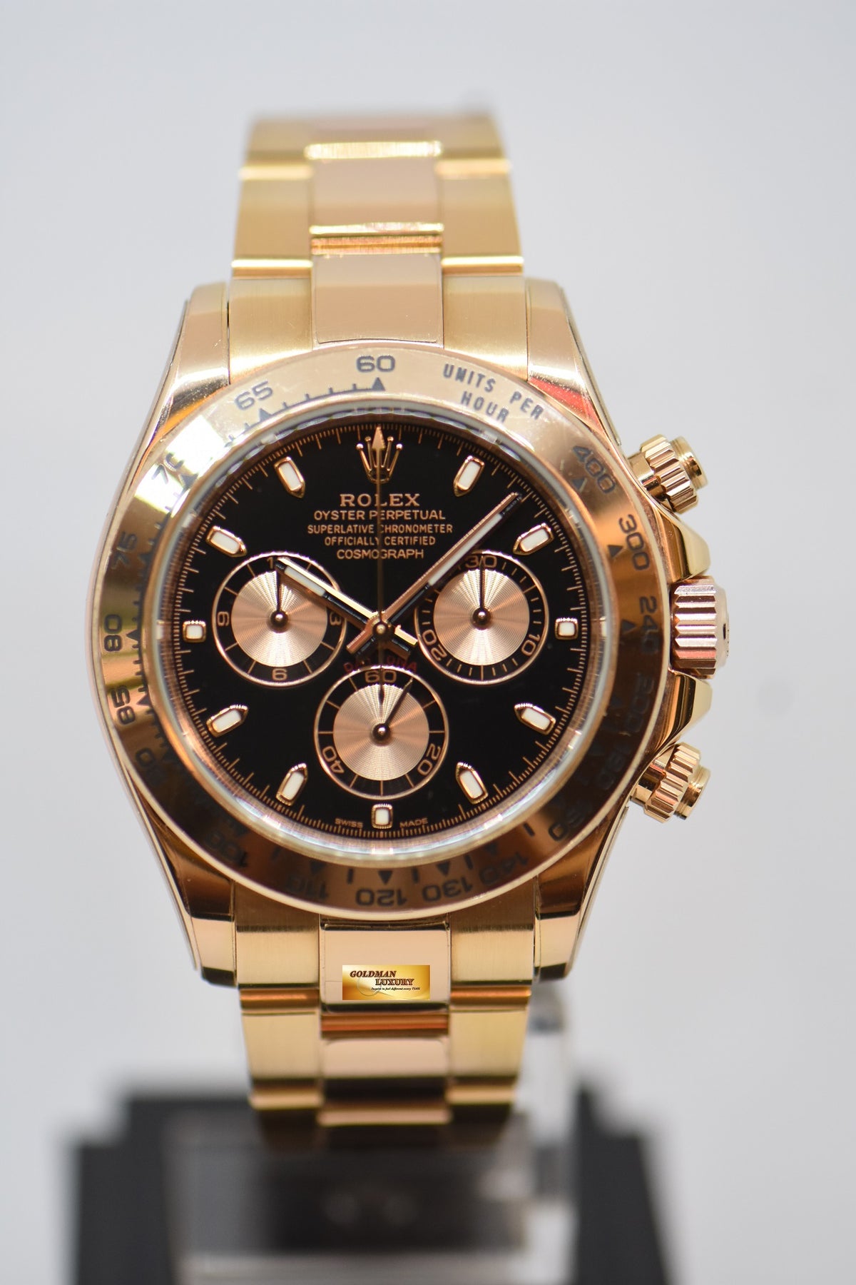 [SOLD] ROLEX OYSTER PERPETUAL DAYTONA CHRONOGRAPH 40mm EVEROSE GOLD IN OYSTER BRACELET BLACK DIAL 116505 (MINT) (RX-8 STICKERS ON)