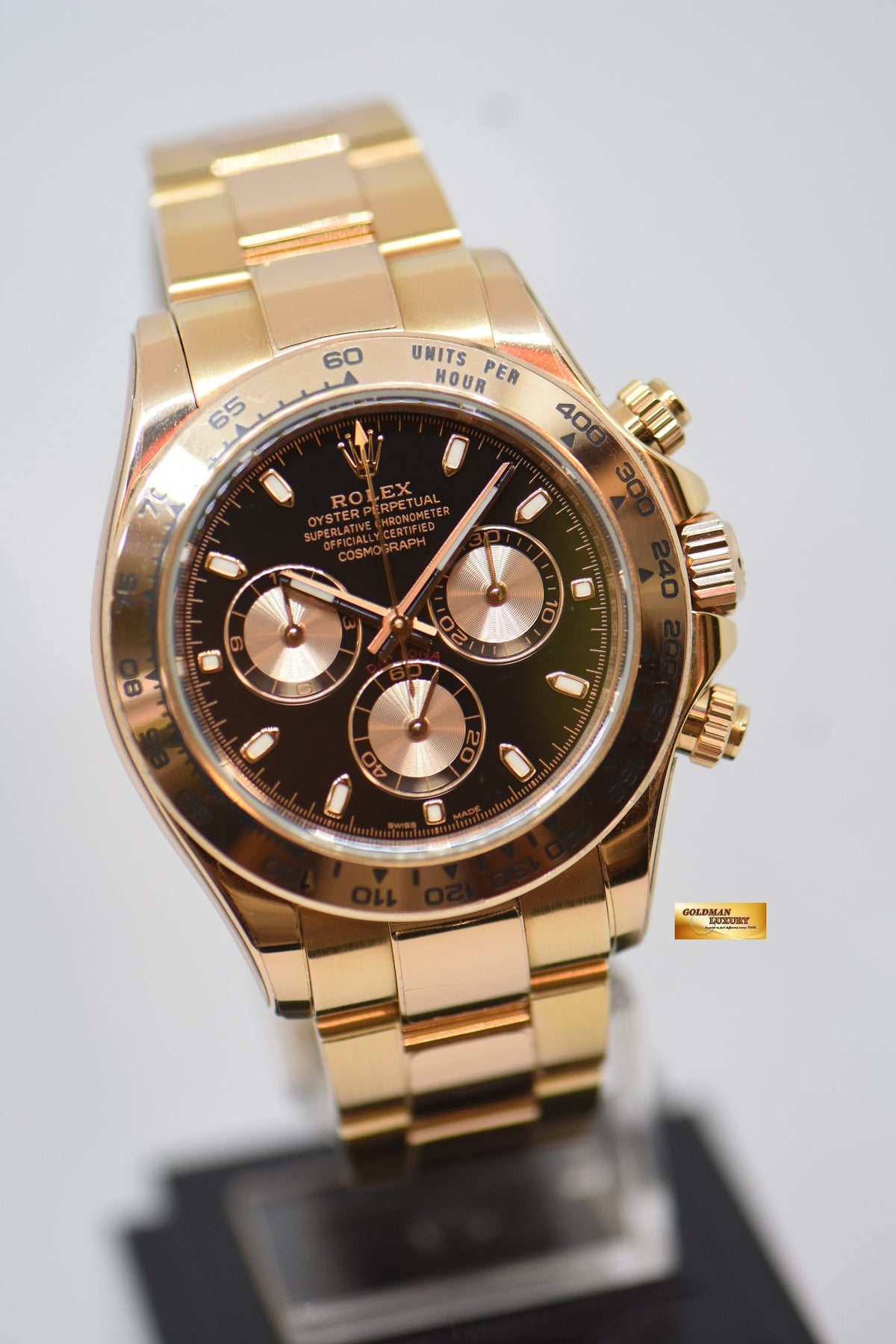 [SOLD] ROLEX OYSTER PERPETUAL DAYTONA CHRONOGRAPH 40mm EVEROSE GOLD IN OYSTER BRACELET BLACK DIAL 116505 (MINT) (RX-8 STICKERS ON)