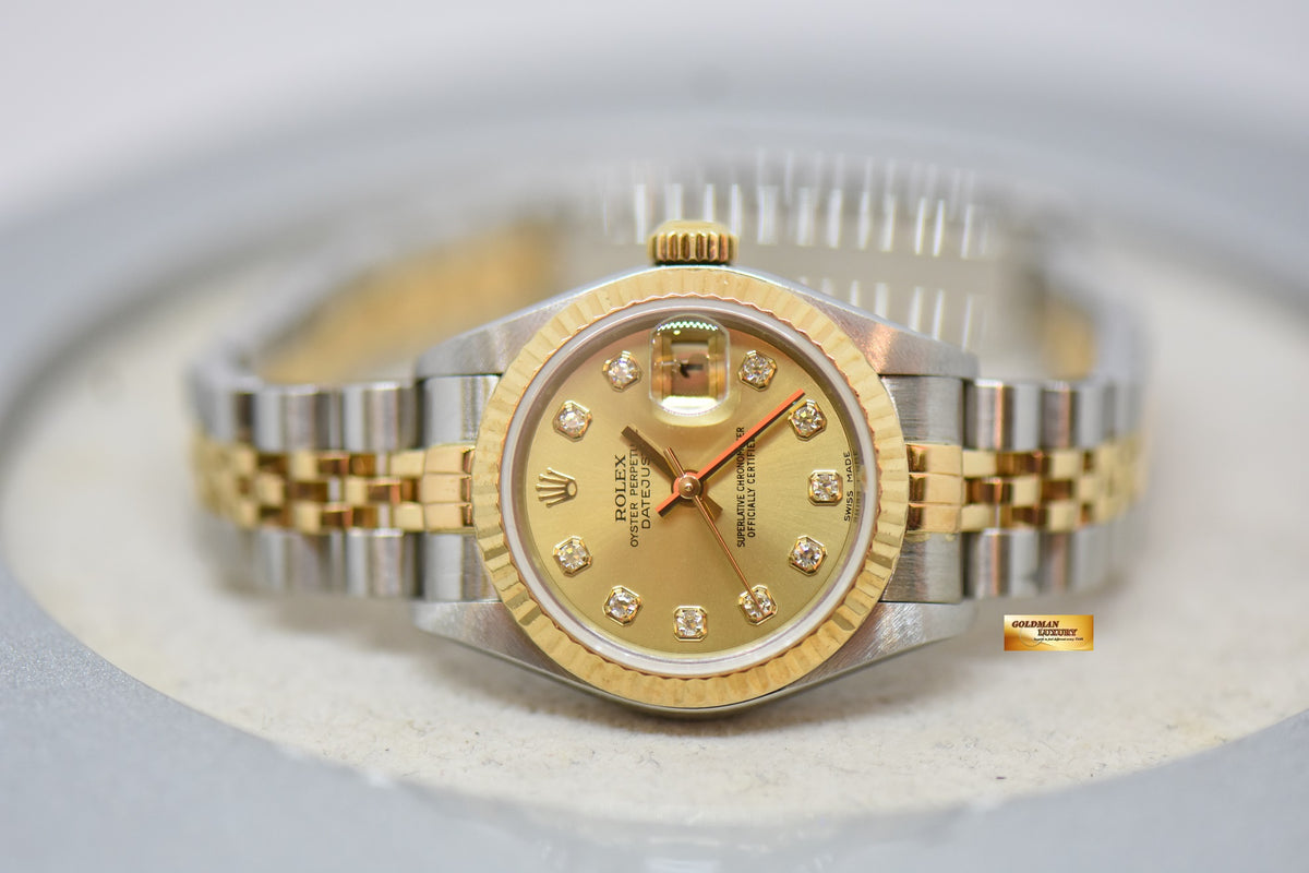 [SOLD] ROLEX OYSTER PERPETUAL DATEJUST 26mm GOLD /  STEEL IN JUBILEE BRACELET GOLD DIAMOND DIAL AUTOMATIC 79173 (MINT)