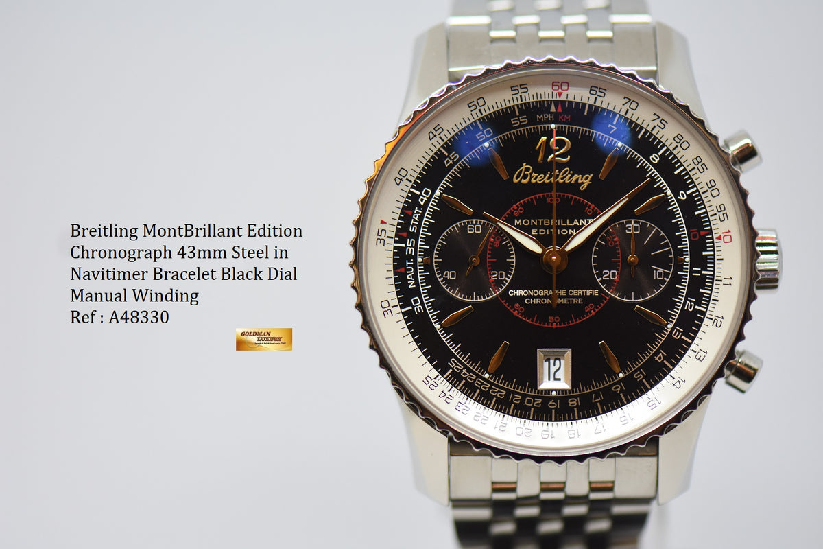 [SOLD] BREITLING NAVITIMER MONTBRILLANT EDITION CHRONOGRAPH 43mm STEEL IN BRACELET BLACK DIAL MANUAL WINDING A43880 (MINT)