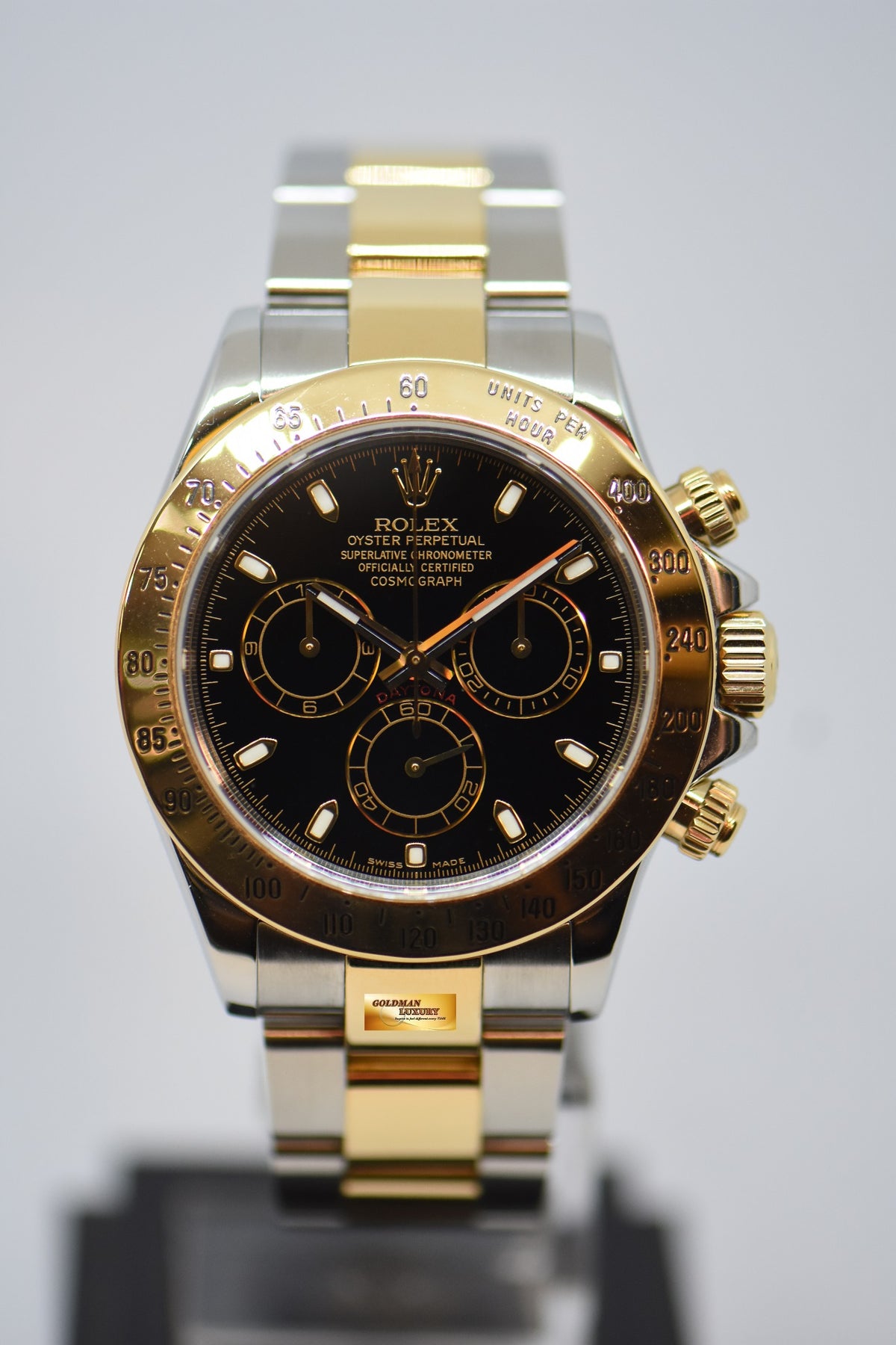 [SOLD] ROLEX OYSTER PERPETUAL DAYTONA CHRONOGRAPH 40mm GOLD / STEEL IN OYSTER BRACELET BLACK DIAL 116523 (GREEN LUME) (SHORT CLASP) (MINT)