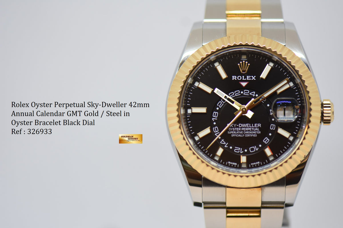 [SOLD] ROLEX OYSTER PERPETUAL SKY-DWELLER 42mm ANNUAL CALENDAR GMT GOLD / STEEL BLACK DIAL 326933 (MINT)