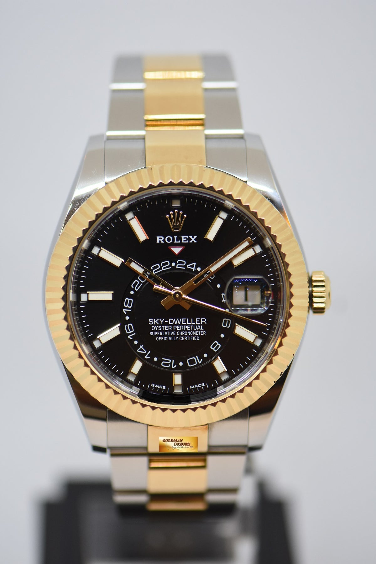 [SOLD] ROLEX OYSTER PERPETUAL SKY-DWELLER 42mm ANNUAL CALENDAR GMT GOLD / STEEL BLACK DIAL 326933 (MINT)