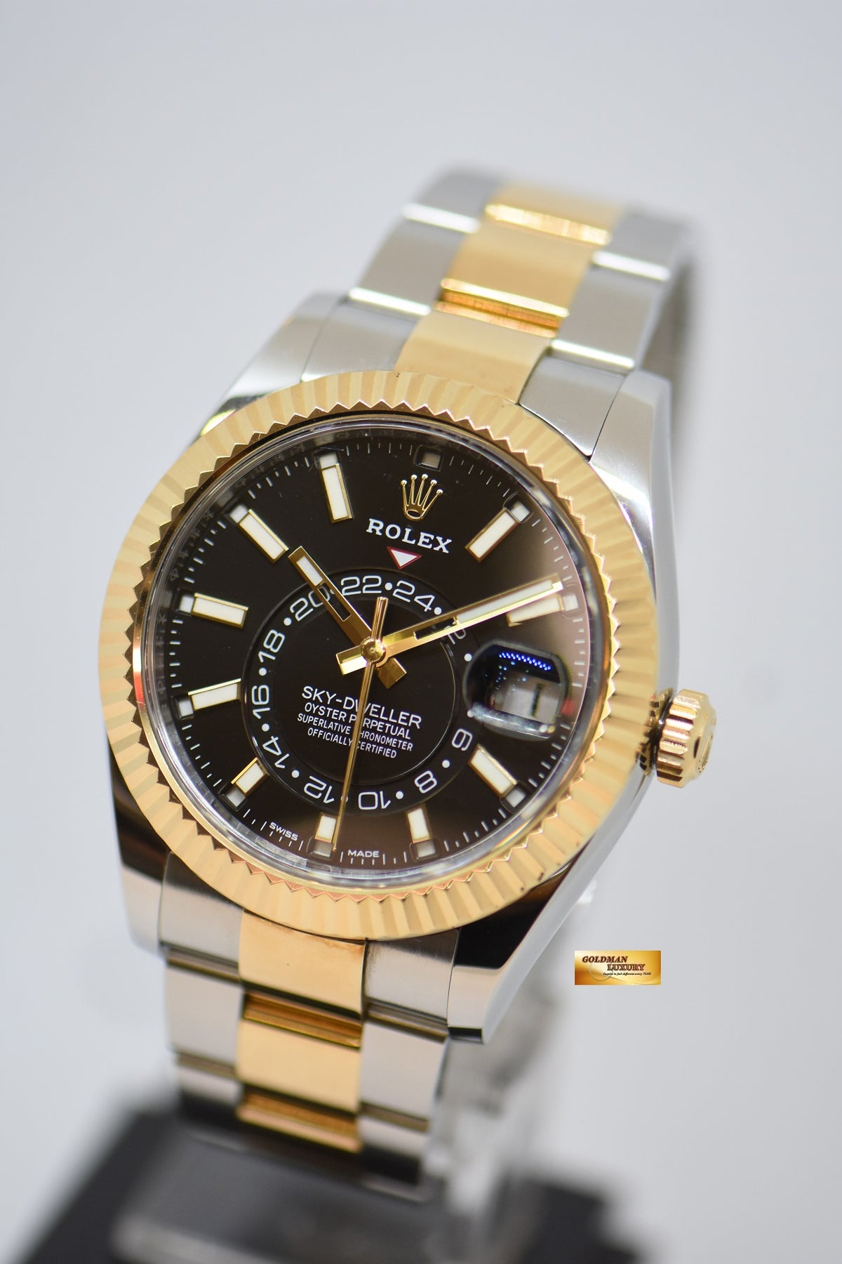 [SOLD] ROLEX OYSTER PERPETUAL SKY-DWELLER 42mm ANNUAL CALENDAR GMT GOLD / STEEL BLACK DIAL 326933 (MINT)