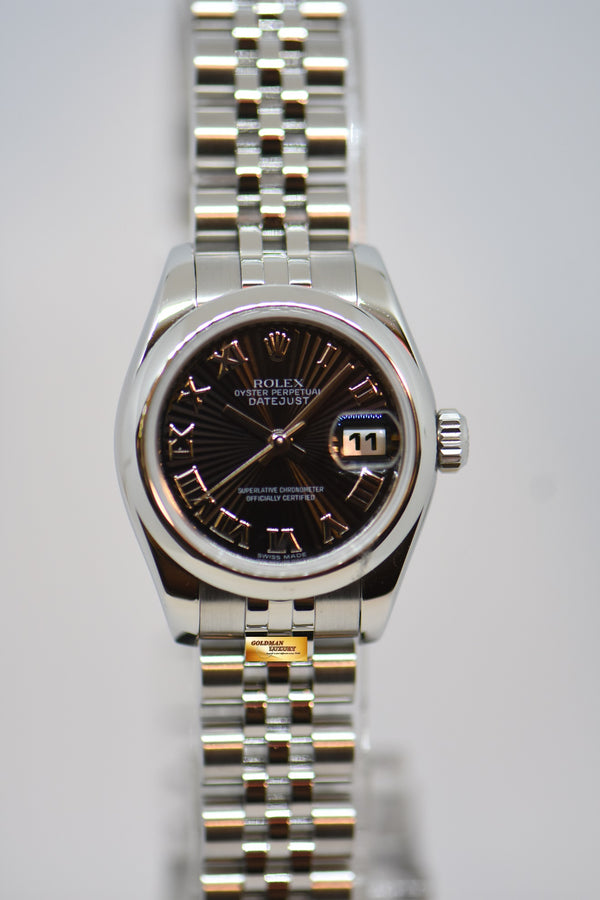 [SOLD] ROLEX OYSTER DATEJUST 26mm STEEL IN JUBILEE BRACELET BLACK SUNRAY DIAL ROMAN NUMERALS 179160 (MINT)