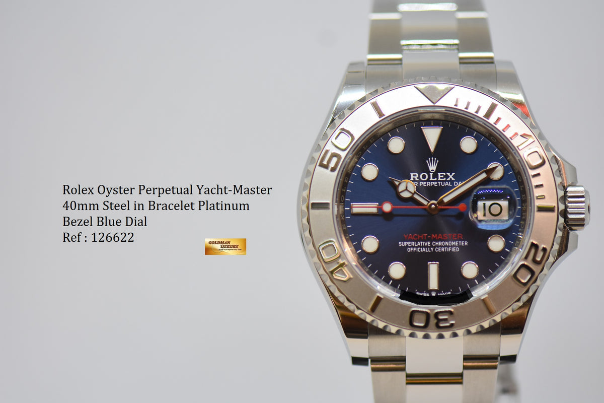 [SOLD] ROLEX OYSTER PERPETUAL YACHT-MASTER 40mm STEEL IN BRACELET BLUE DIAL & PLATINUM BEZEL 126622 (MINT)