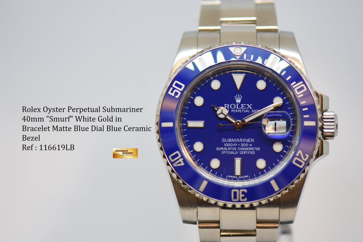 [SOLD] ROLEX OYSTER SUBMARINER 40mm WHITE GOLD IN OYSTER BRACELET BLUE DIAL BLUE CERAMIC BEZEL 116619LB (UNPOLISHED) (MINT)