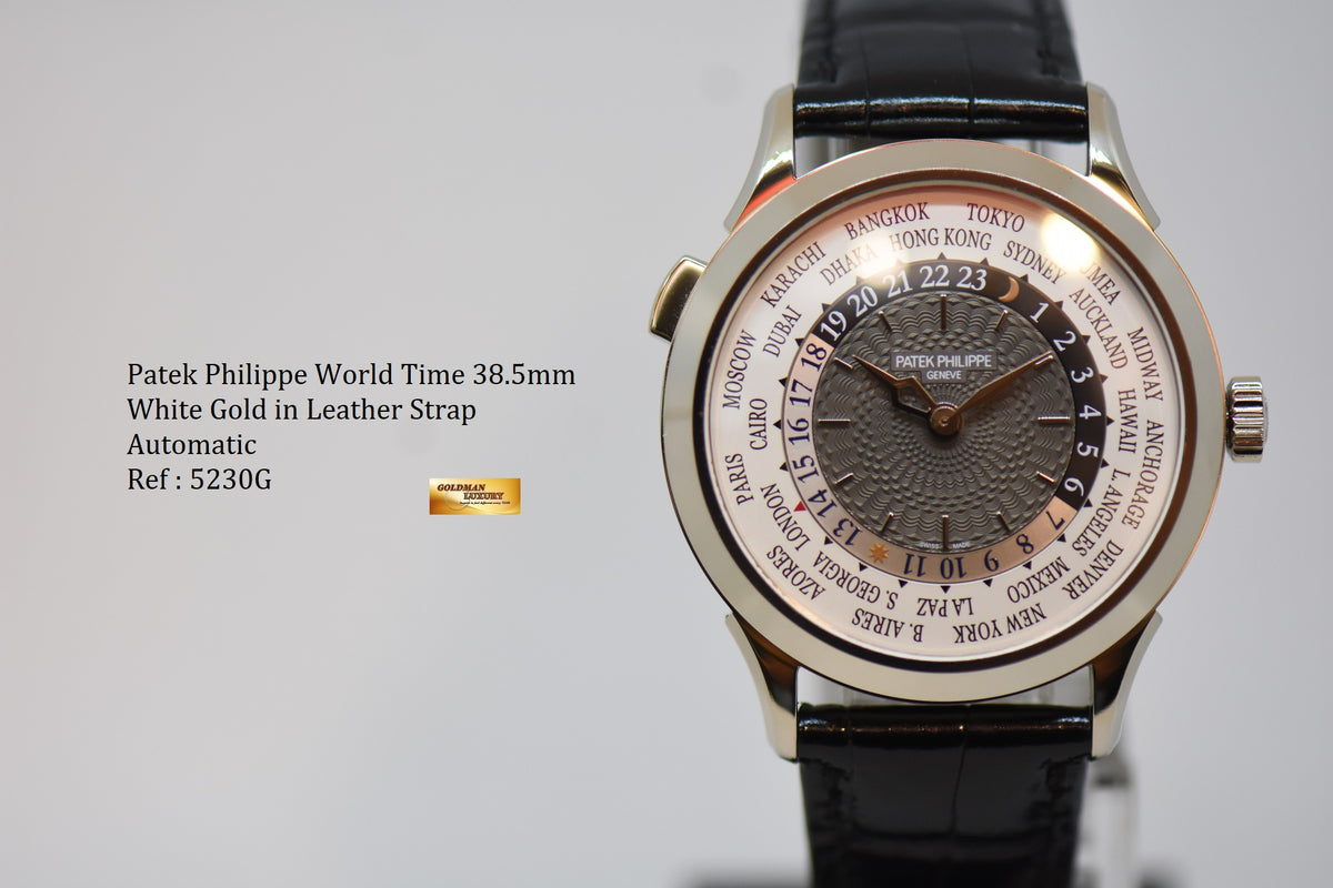 [SOLD] PATEK PHILIPPE WORLD TIME 38.5mm WHITE GOLD IN LEATHER STRAP AUTOMATIC 5230G (LNIB)