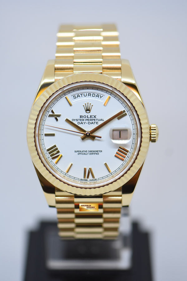 ROLEX OYSTER PERPETUAL DAY-DATE 40 YELLOW GOLD IN PRESIDENT BRACELET WHITE ROMAN DIAL 228238 (UNPOLISHED) (MINT)