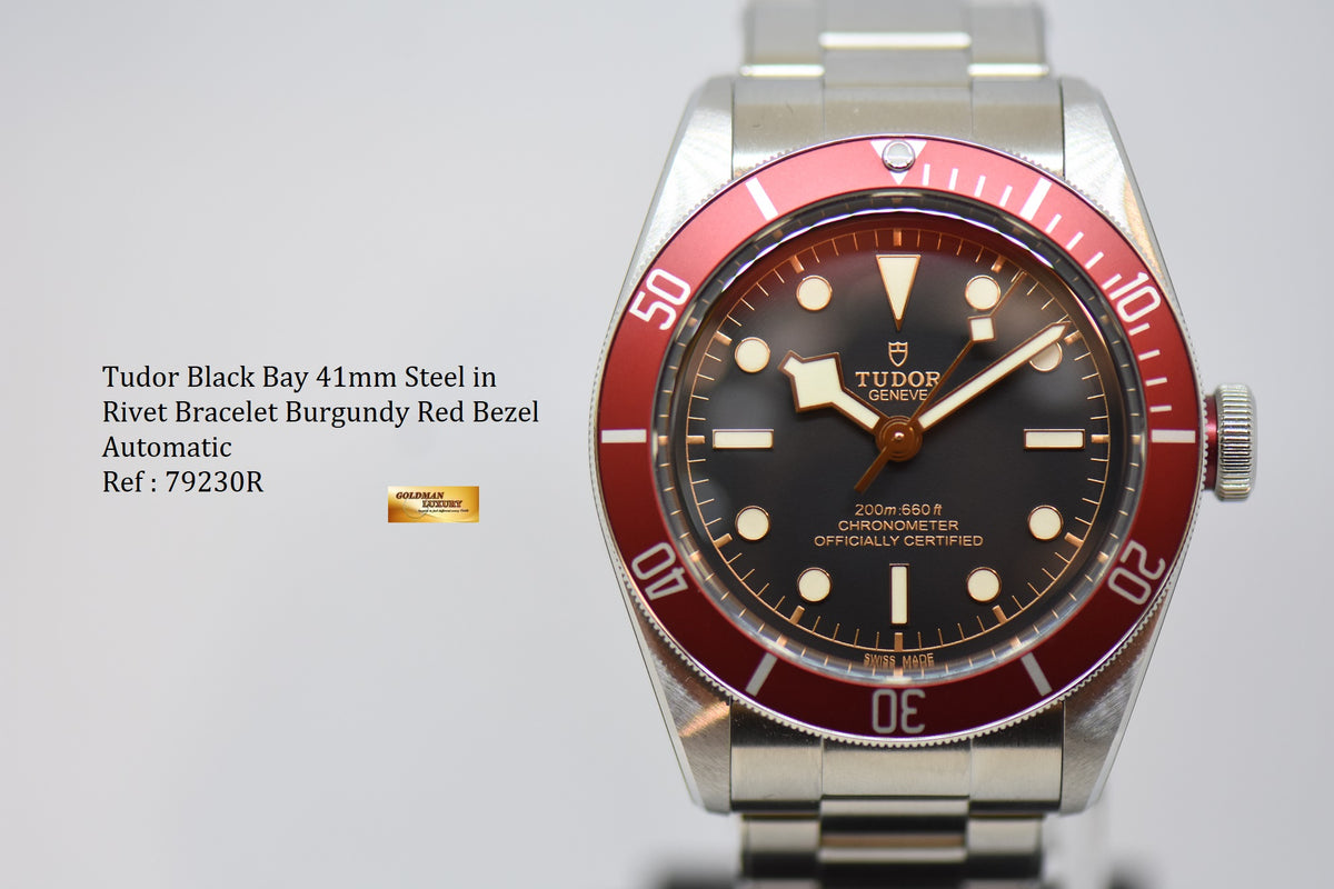 [SOLD] TUDOR BLACK BAY 41mm STEEL IN RIVETED BRACELET BURGUNDY RED BEZEL 79230R AUTOMATIC (NEW-UNWORN)