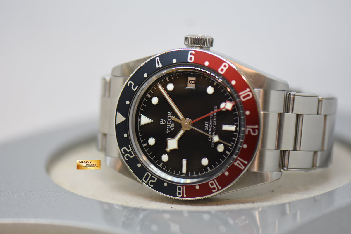 [SOLD] TUDOR BLACK BAY GMT PEPSI RED / BLUE 41mm BLACK DIAL STEEL IN RIVETED BRACELET 79830RB AUTOMATIC (LNIB)