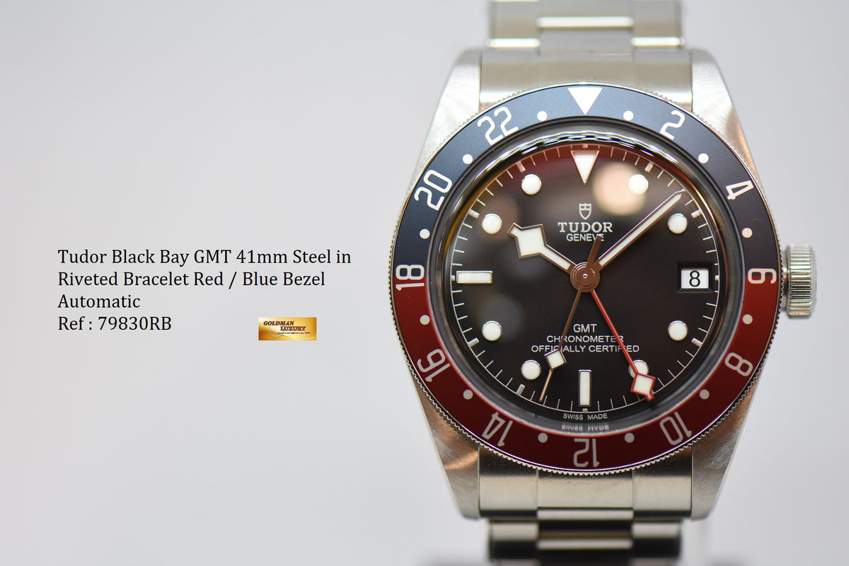 [SOLD] TUDOR BLACK BAY GMT PEPSI RED / BLUE 41mm BLACK DIAL STEEL IN RIVETED BRACELET 79830RB AUTOMATIC (LNIB)