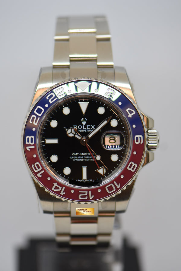 ROLEX OYSTER GMT-MASTER II “PEPSI” 40mm FIRST GMT IN WHITE GOLD IN OYSTER BRACELET BLACK DIAL RED / BLUE CERAMIC BEZEL 116719BLRO (NOS)