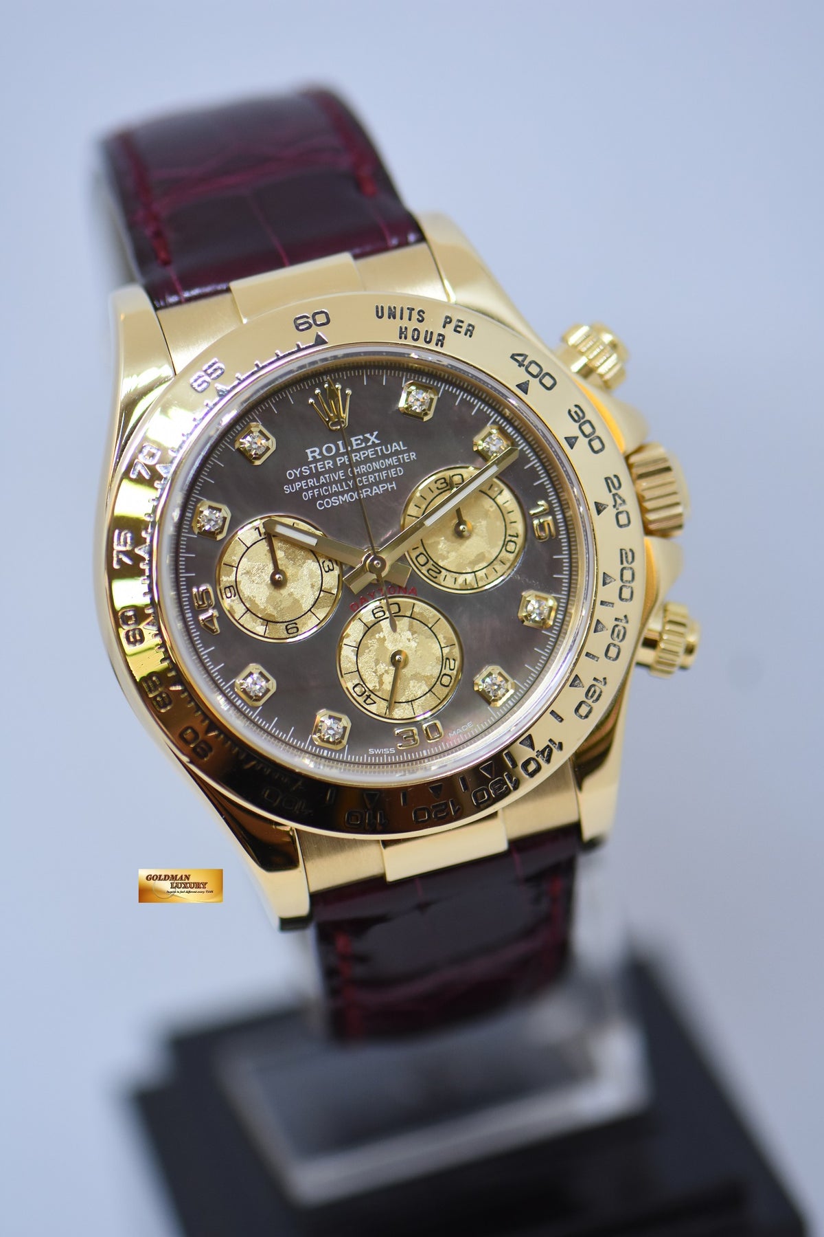 [SOLD] ROLEX OYSTER PERPETUAL DAYTONA CHRONOGRAPH 40mm 18K YELLOW GOLD IN LEATHER STRAP TAHITIAN DIAMOND MOP DIAL 116518 (LOOK NEW)