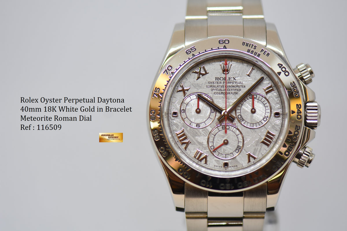 [RESERVED] ROLEX OYSTER PERPETUAL DAYTONA CHRONOGRAPH 40mm 18K WHITE GOLD IN BRACELET METEORITE DIAL 116509 (MINT)
