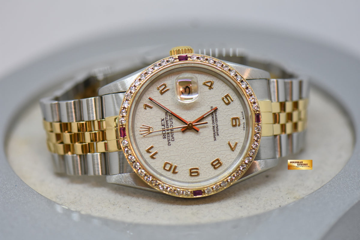 [SOLD] ROLEX OYSTER DATEJUST 36mm HALF-GOLD IN JUBILEE BRACELET WHITE COMPUTER ARABIC NUMERAL DIAL CUSTOM DIAMOND BEZEL 16233 (MINT) (WATCH ONLY)