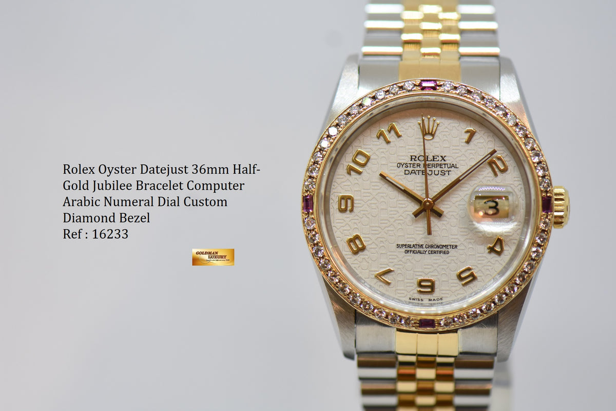 [SOLD] ROLEX OYSTER DATEJUST 36mm HALF-GOLD IN JUBILEE BRACELET WHITE COMPUTER ARABIC NUMERAL DIAL CUSTOM DIAMOND BEZEL 16233 (MINT) (WATCH ONLY)