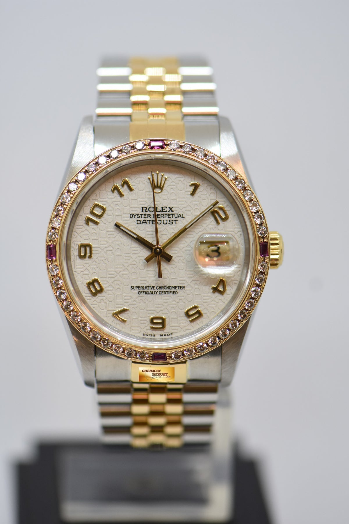 [SOLD] ROLEX OYSTER DATEJUST 36mm HALF-GOLD IN JUBILEE BRACELET WHITE COMPUTER ARABIC NUMERAL DIAL CUSTOM DIAMOND BEZEL 16233 (MINT) (WATCH ONLY)
