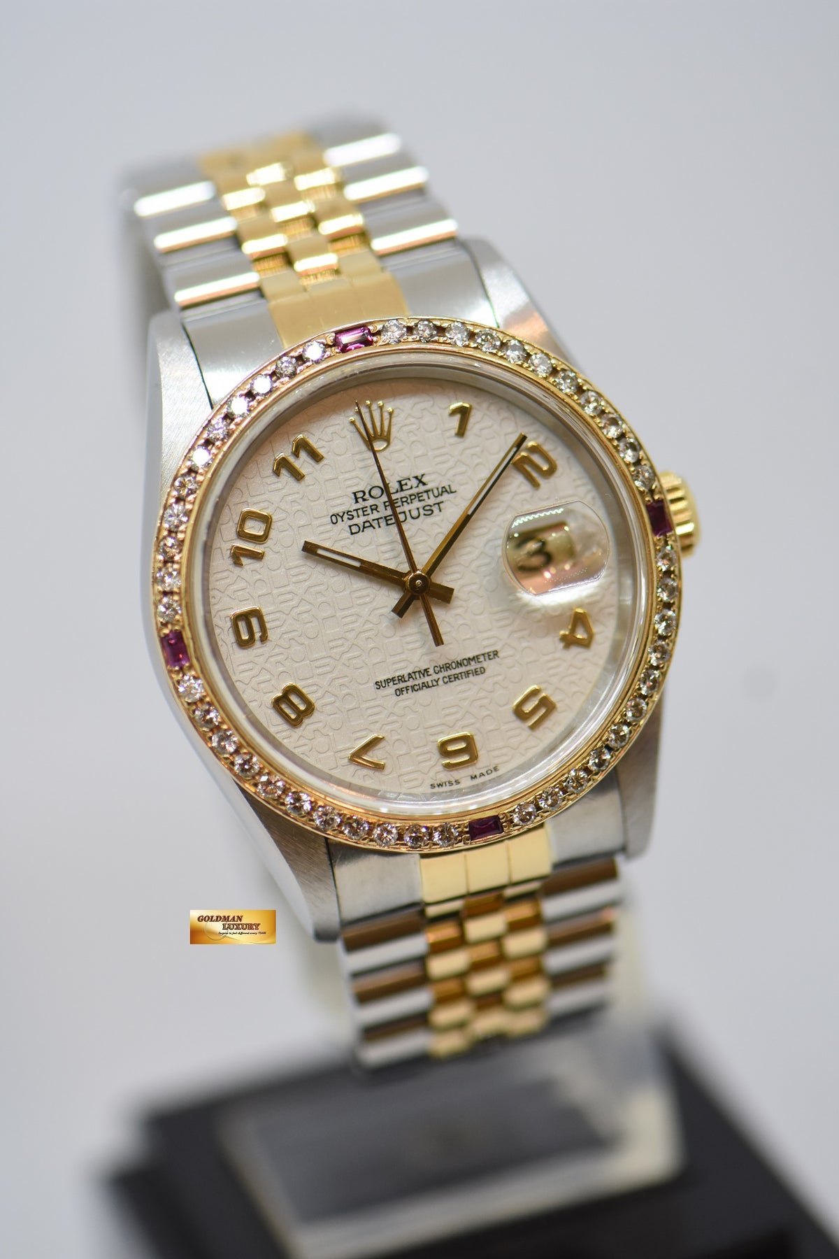 [SOLD] ROLEX OYSTER DATEJUST 36mm HALF-GOLD IN JUBILEE BRACELET WHITE COMPUTER ARABIC NUMERAL DIAL CUSTOM DIAMOND BEZEL 16233 (MINT) (WATCH ONLY)