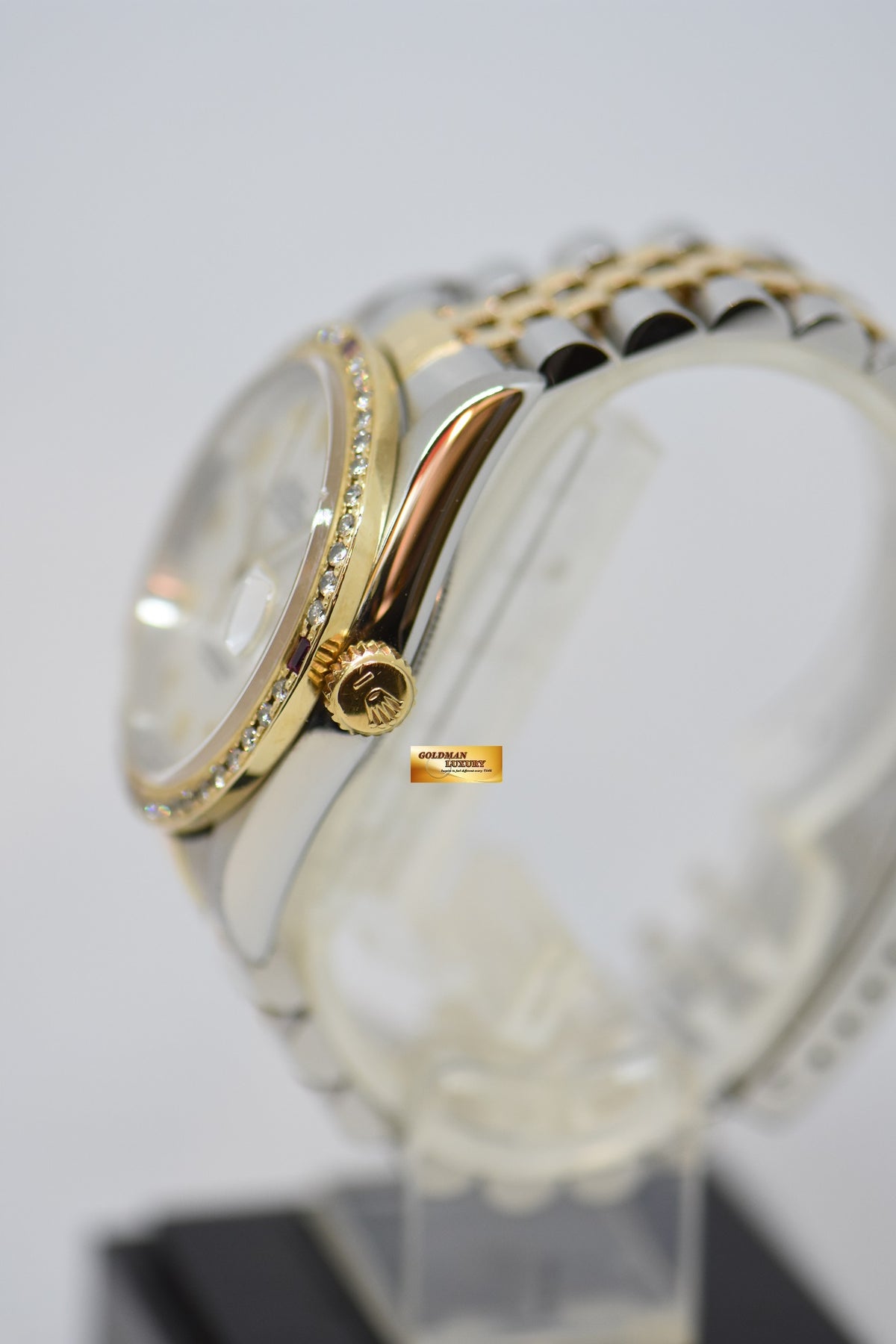 [SOLD] ROLEX OYSTER DATEJUST 36mm HALF-GOLD IN JUBILEE BRACELET WHITE COMPUTER ARABIC NUMERAL DIAL CUSTOM DIAMOND BEZEL 16233 (MINT) (WATCH ONLY)