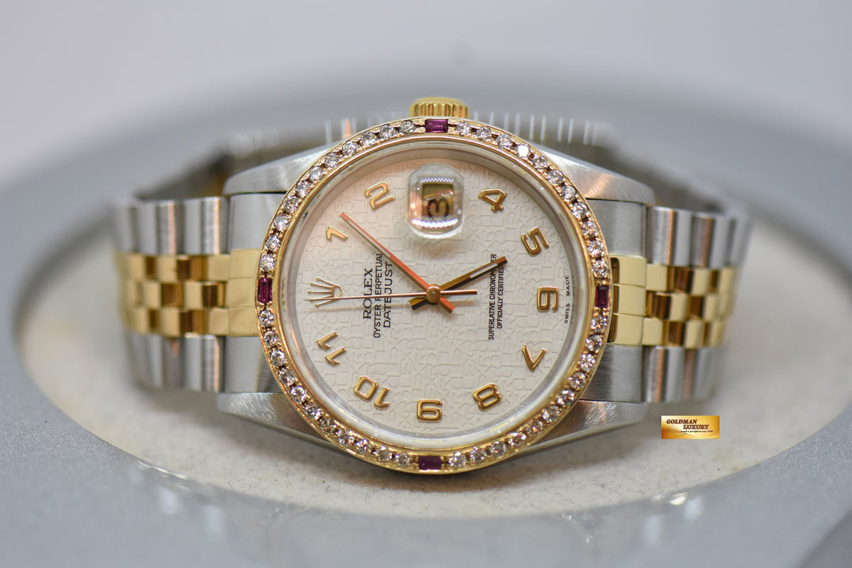 [SOLD] ROLEX OYSTER DATEJUST 36mm HALF-GOLD IN JUBILEE BRACELET WHITE COMPUTER ARABIC NUMERAL DIAL CUSTOM DIAMOND BEZEL 16233 (MINT) (WATCH ONLY)