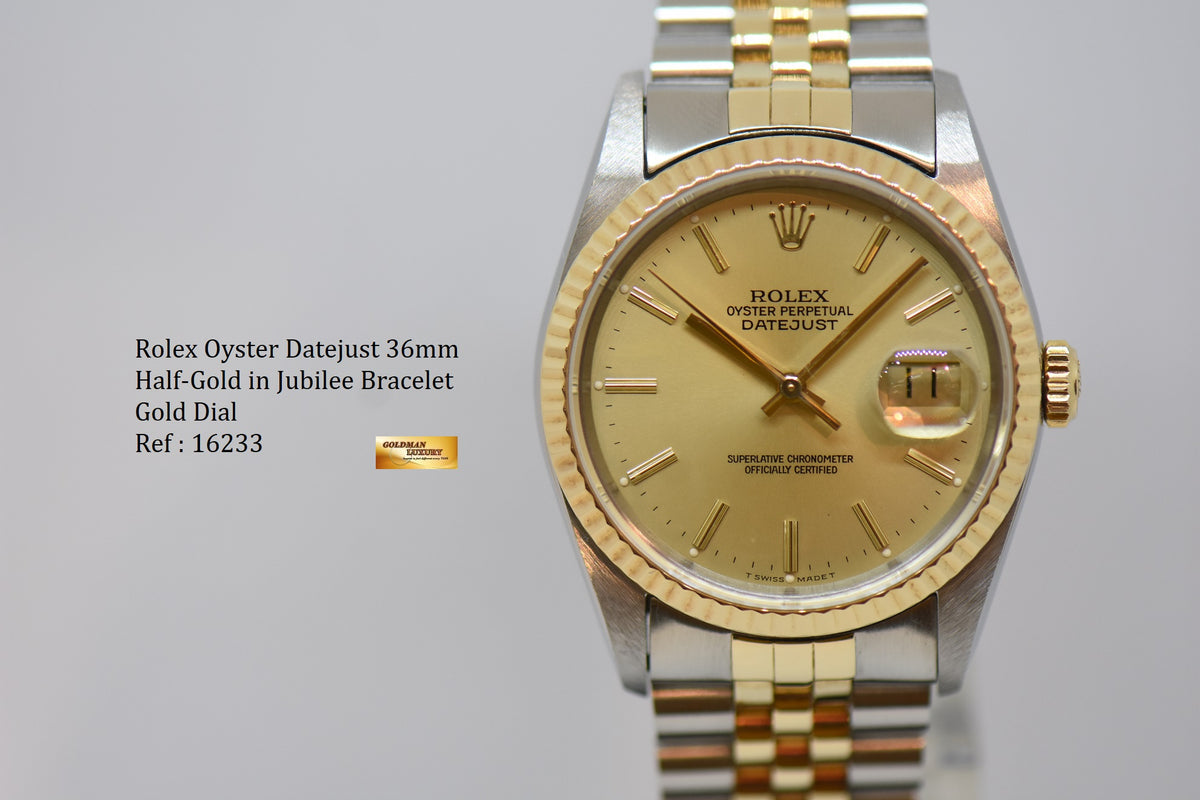 [SOLD] ROLEX OYSTER DATEJUST 36mm HALF-GOLD IN JUBILEE BRACELET GOLD DIAL 16233 (MINT) (WATCH ONLY)