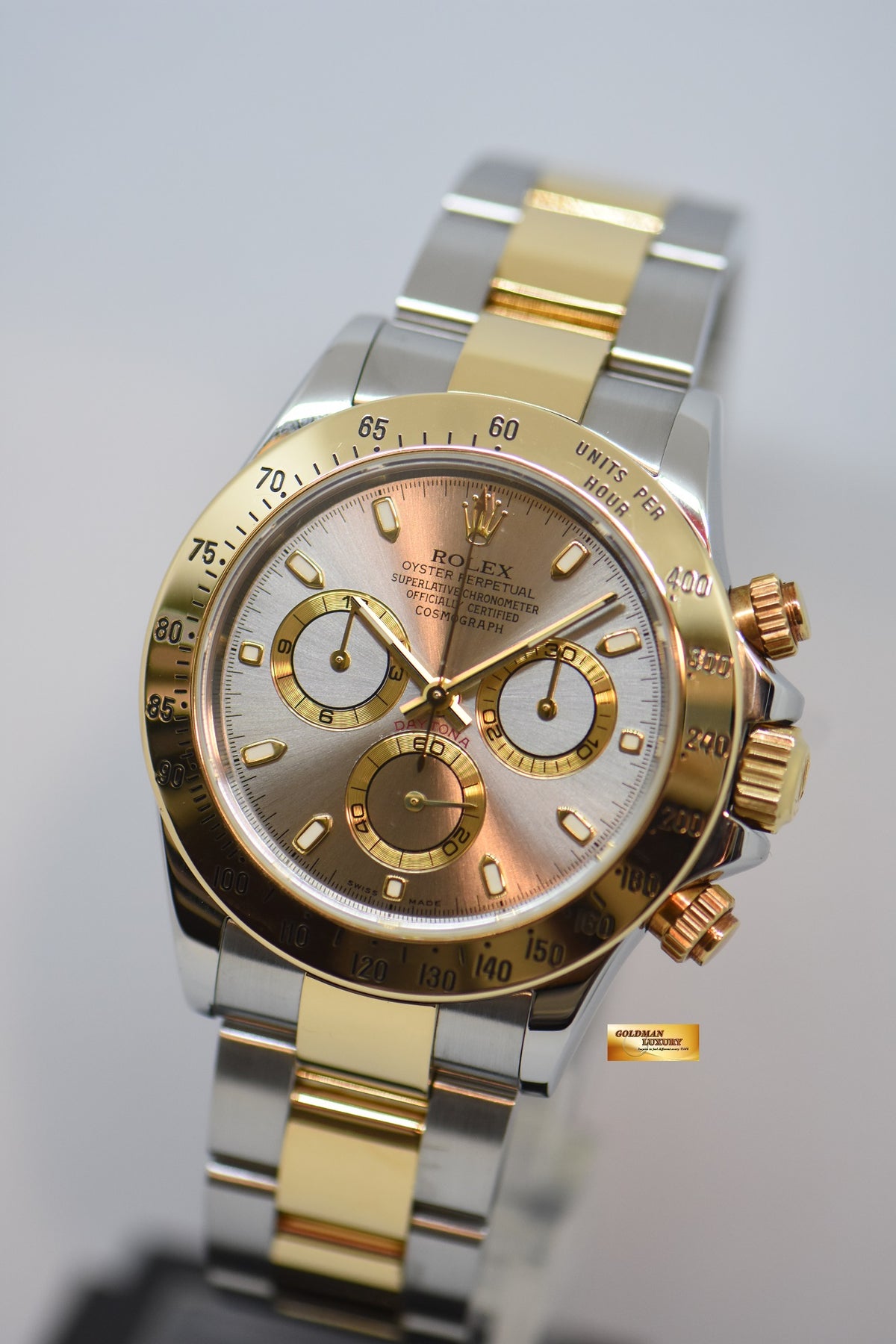 [SOLD] ROLEX OYSTER PERPETUAL DAYTONA CHRONOGRAPH 40mm GOLD / STEEL IN OYSTER BRACELET GREY DIAL 116523 (GREEN LUME) (SHORT CLASP) (LNIB)