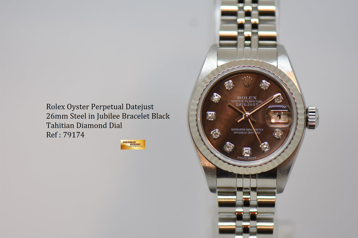 [SOLD] ROLEX OYSTER DATEJUST 26mm STEEL IN JUBILEE BRACELET BLACK TAHITIAN MOP DIAMOND DIAL 79174 (MINT)