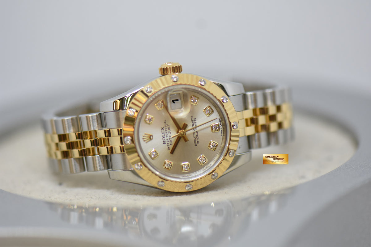 [SOLD] ROLEX OYSTER DATEJUST 26mm YELLOW GOLD / STEEL IN JUBILEE BRACELET SILVER DIAMOND DIAL & ORIGINAL DIAMOND / FLUTED BEZEL 179313 (MINT)