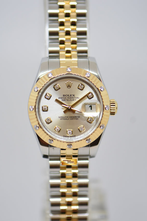 [SOLD] ROLEX OYSTER DATEJUST 26mm YELLOW GOLD / STEEL IN JUBILEE BRACELET SILVER DIAMOND DIAL & ORIGINAL DIAMOND / FLUTED BEZEL 179313 (MINT)