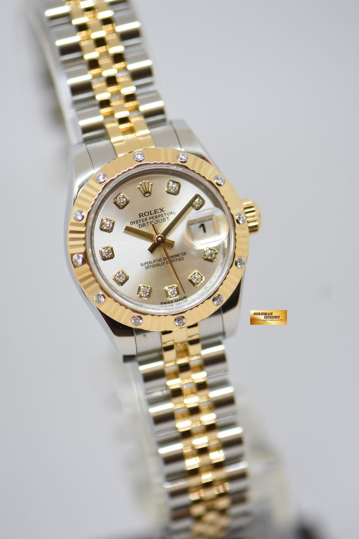 [SOLD] ROLEX OYSTER DATEJUST 26mm YELLOW GOLD / STEEL IN JUBILEE BRACELET SILVER DIAMOND DIAL & ORIGINAL DIAMOND / FLUTED BEZEL 179313 (MINT)