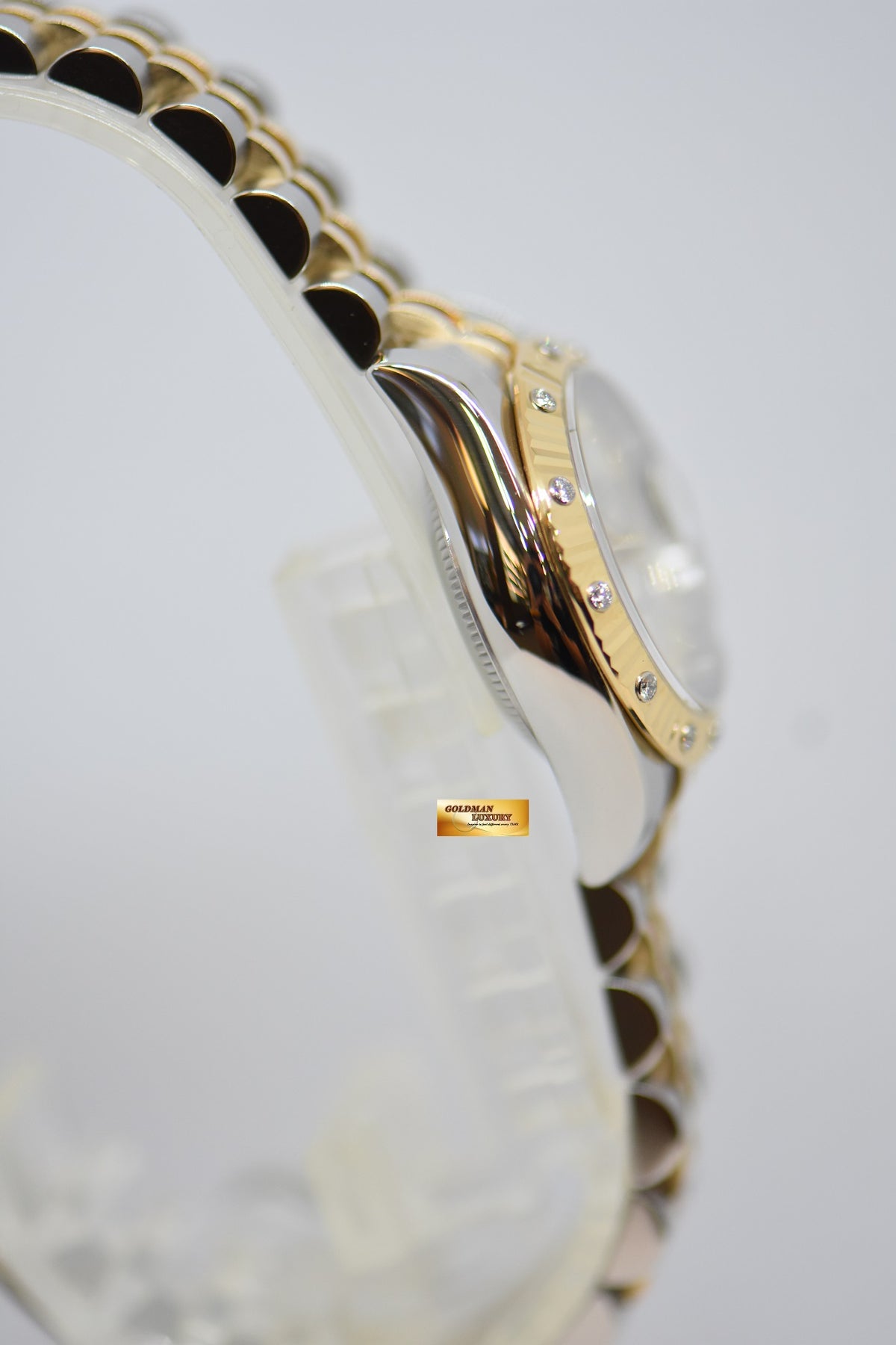 [SOLD] ROLEX OYSTER DATEJUST 26mm YELLOW GOLD / STEEL IN JUBILEE BRACELET SILVER DIAMOND DIAL & ORIGINAL DIAMOND / FLUTED BEZEL 179313 (MINT)