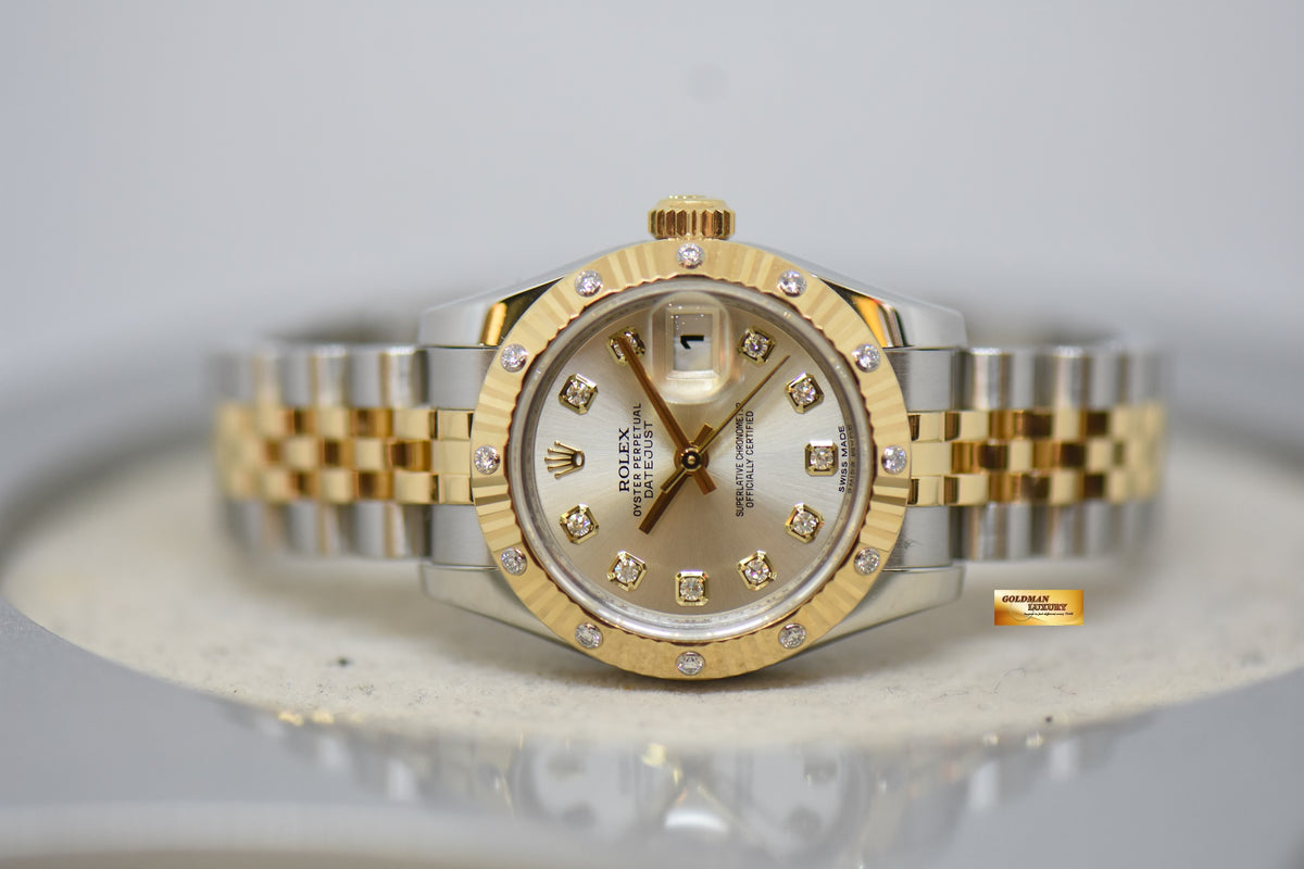 [SOLD] ROLEX OYSTER DATEJUST 26mm YELLOW GOLD / STEEL IN JUBILEE BRACELET SILVER DIAMOND DIAL & ORIGINAL DIAMOND / FLUTED BEZEL 179313 (MINT)