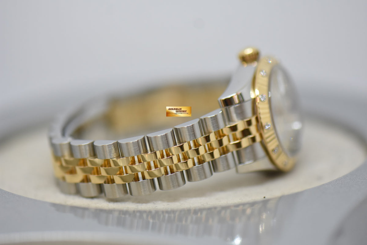 [SOLD] ROLEX OYSTER DATEJUST 26mm YELLOW GOLD / STEEL IN JUBILEE BRACELET SILVER DIAMOND DIAL & ORIGINAL DIAMOND / FLUTED BEZEL 179313 (MINT)
