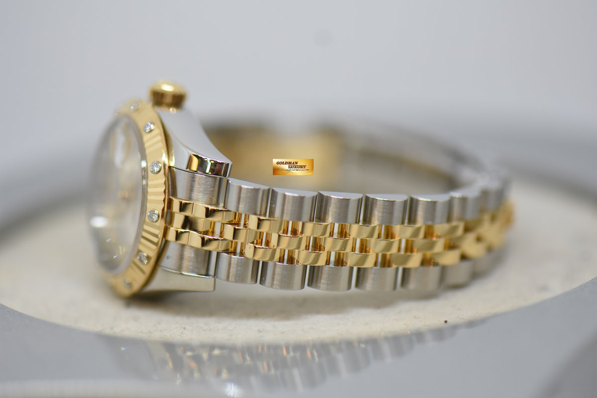 [SOLD] ROLEX OYSTER DATEJUST 26mm YELLOW GOLD / STEEL IN JUBILEE BRACELET SILVER DIAMOND DIAL & ORIGINAL DIAMOND / FLUTED BEZEL 179313 (MINT)