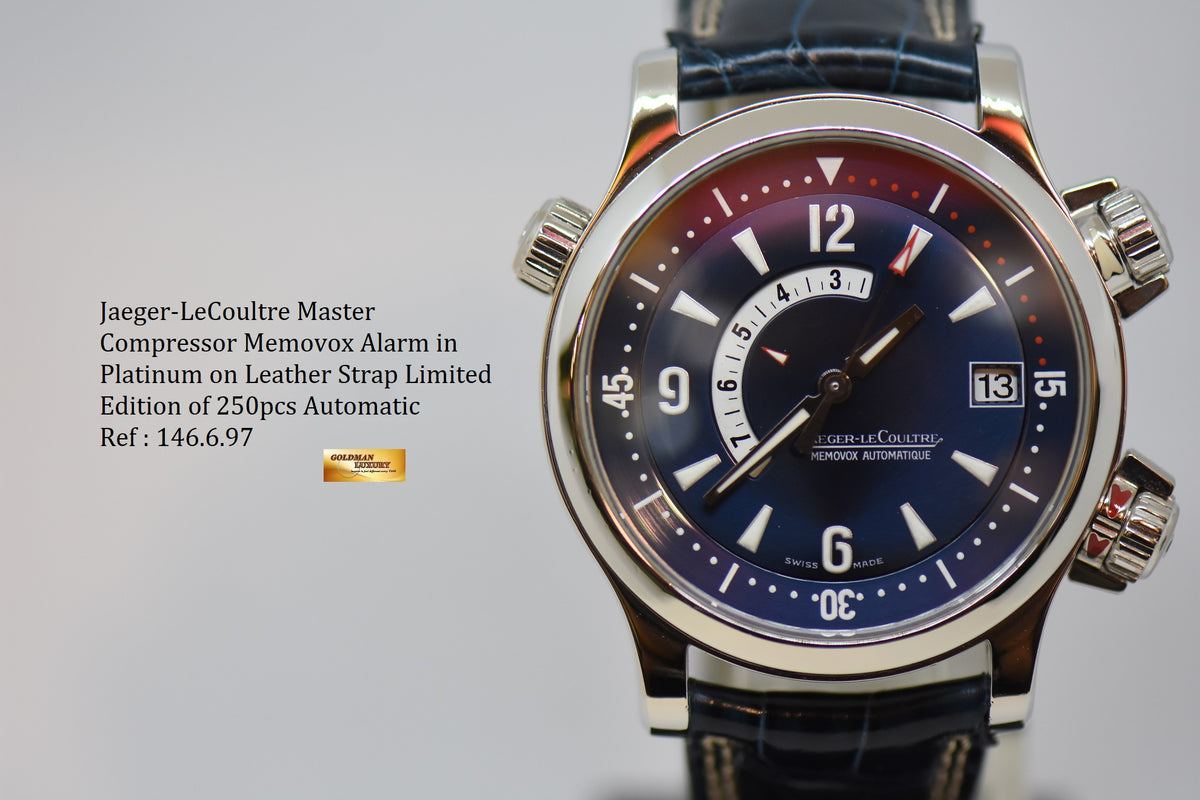 [SOLD] JAEGER-LeCOULTRE MASTER COMPRESSOR MEMOVOX ALARM 42mm IN PLATINUM ON LEATHER STRAP BLUE DIAL AUTOMATIC – LIMITED OF 250pcs (MINT)