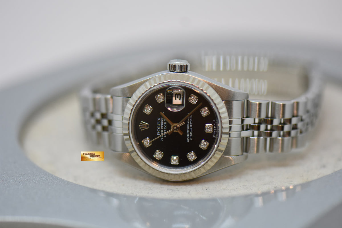 [SOLD] ROLEX OYSTER DATEJUST 26mm STEEL IN JUBILEE BRACELET BLACK DIAMOND DIAL 79174 (MINT)