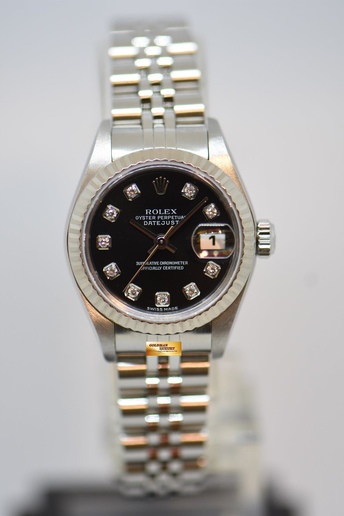 [SOLD] ROLEX OYSTER DATEJUST 26mm STEEL IN JUBILEE BRACELET BLACK DIAMOND DIAL 79174 (MINT)