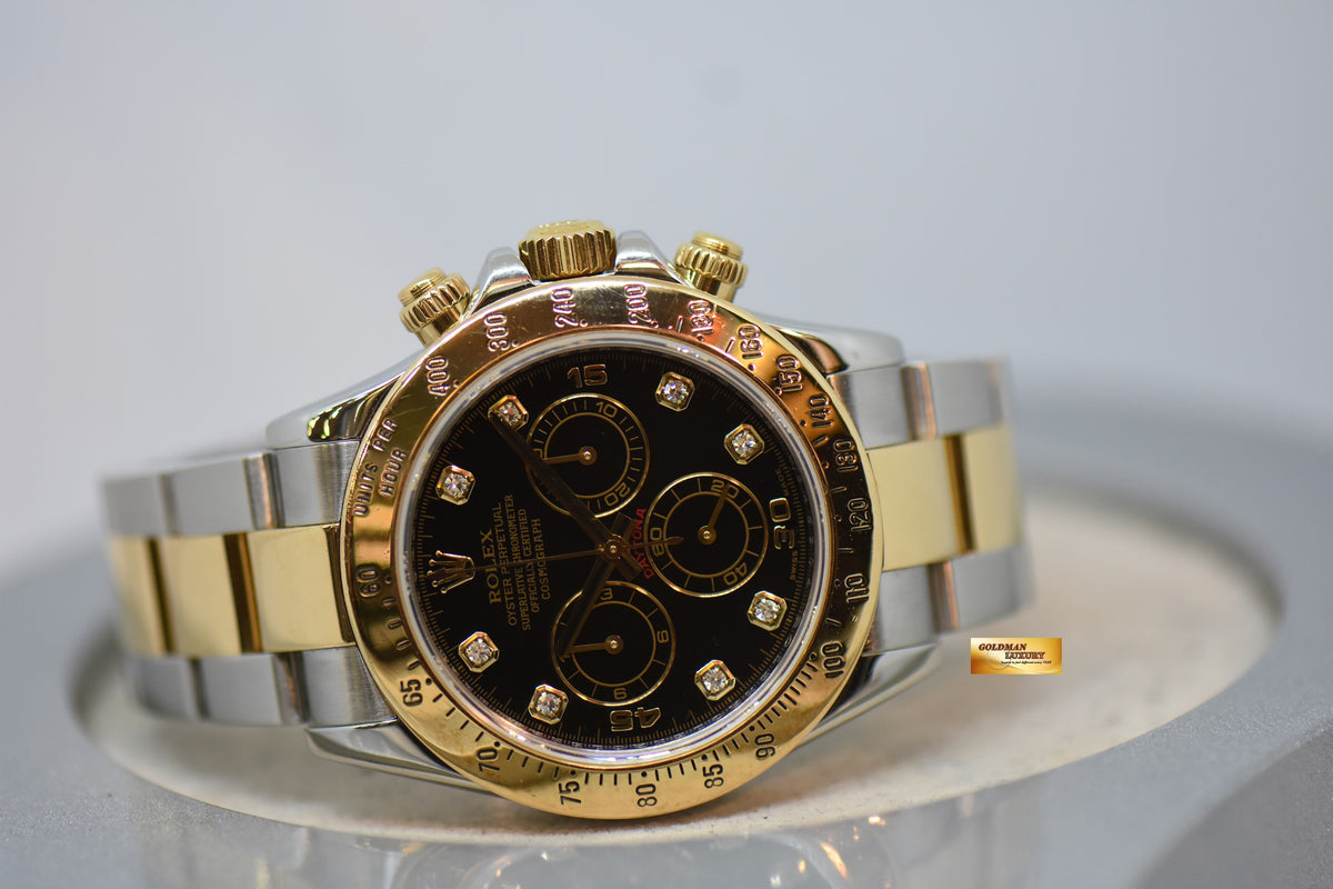[SOLD] ROLEX OYSTER PERPETUAL DAYTONA CHRONOGRAPH 40mm GOLD / STEEL IN OYSTER BRACELET BLACK DIAMOND DIAL 116523 (REHAUT ENGRAVINGS) (SHORT CLASP) (MINT)