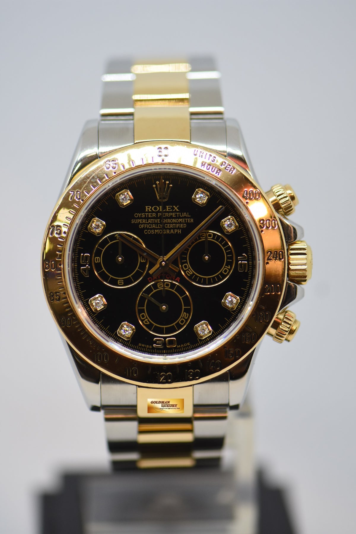 [SOLD] ROLEX OYSTER PERPETUAL DAYTONA CHRONOGRAPH 40mm GOLD / STEEL IN OYSTER BRACELET BLACK DIAMOND DIAL 116523 (REHAUT ENGRAVINGS) (SHORT CLASP) (MINT)