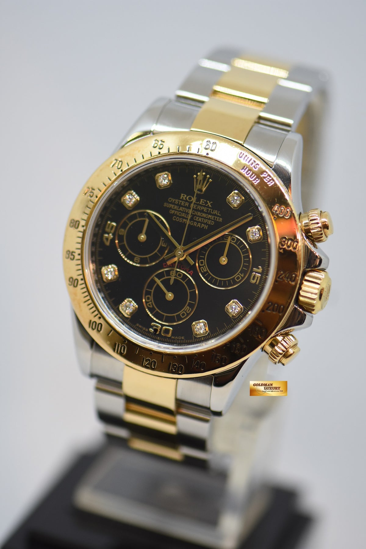 [SOLD] ROLEX OYSTER PERPETUAL DAYTONA CHRONOGRAPH 40mm GOLD / STEEL IN OYSTER BRACELET BLACK DIAMOND DIAL 116523 (REHAUT ENGRAVINGS) (SHORT CLASP) (MINT)