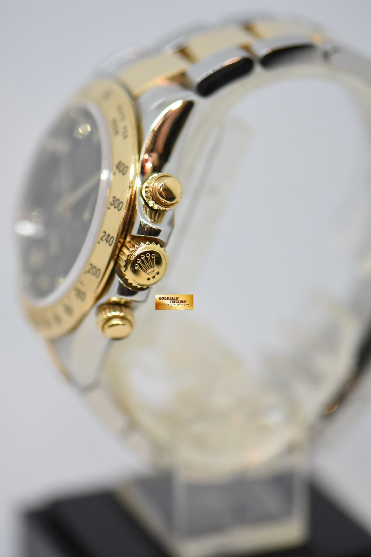 [SOLD] ROLEX OYSTER PERPETUAL DAYTONA CHRONOGRAPH 40mm GOLD / STEEL IN OYSTER BRACELET BLACK DIAMOND DIAL 116523 (REHAUT ENGRAVINGS) (SHORT CLASP) (MINT)