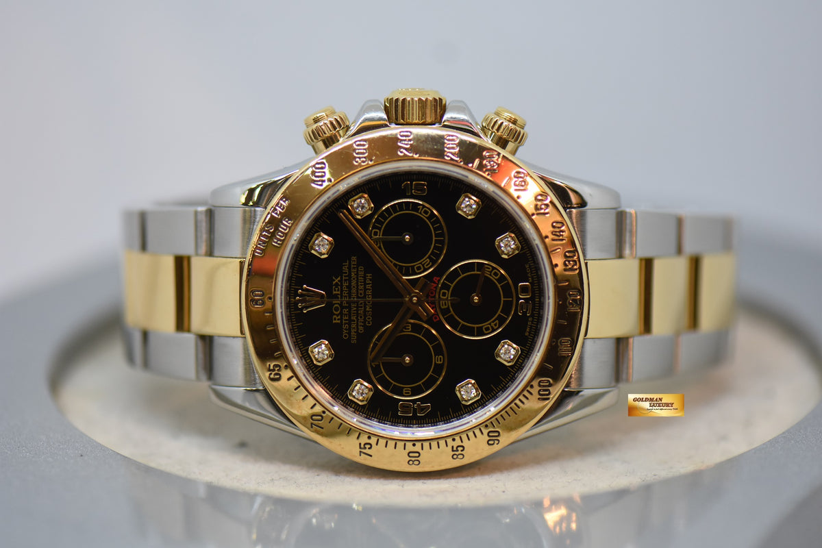 [SOLD] ROLEX OYSTER PERPETUAL DAYTONA CHRONOGRAPH 40mm GOLD / STEEL IN OYSTER BRACELET BLACK DIAMOND DIAL 116523 (REHAUT ENGRAVINGS) (SHORT CLASP) (MINT)