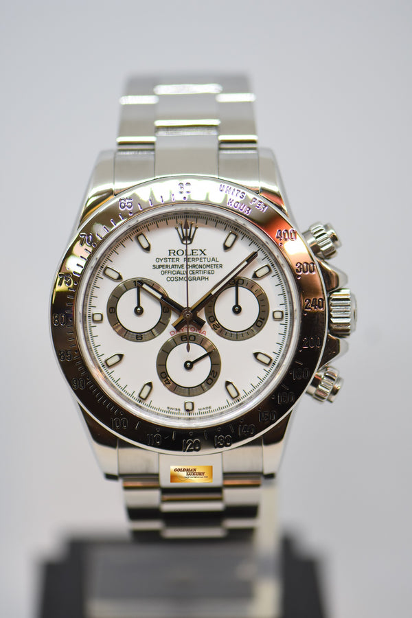 [SOLD] ROLEX OYSTER PERPETUAL DAYTONA CHRONOGRAPH 40mm STEEL IN OYSTER BRACELET WHITE DIAL 116520 (GREEN LUME) (REHAUT ENGRAVINGS) (SHORT CLASP) (MINT)