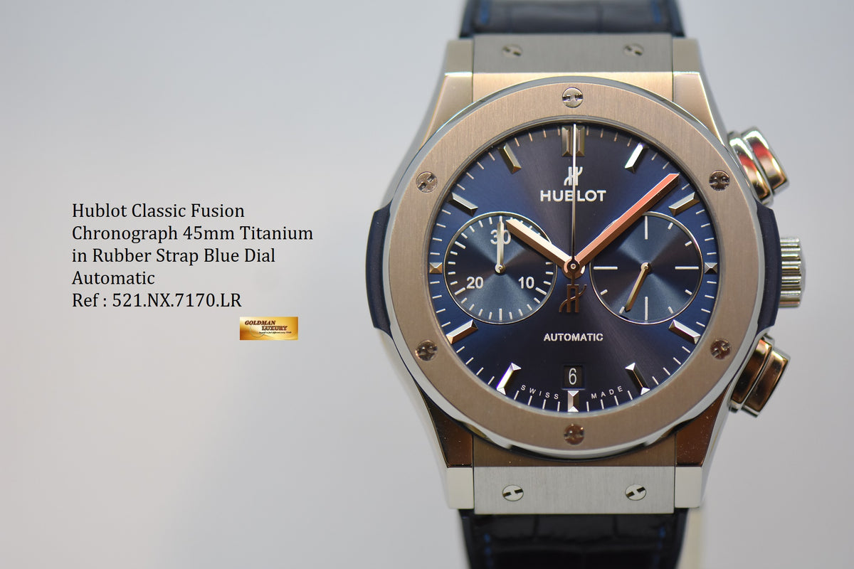 [SOLD] HUBLOT CLASSIC FUSION CHRONOGRAPH 45mm TITANIUM IN RUBBER STRAP BLUE DIAL AUTOMATIC 521.NX.7170.LR (MINT)
