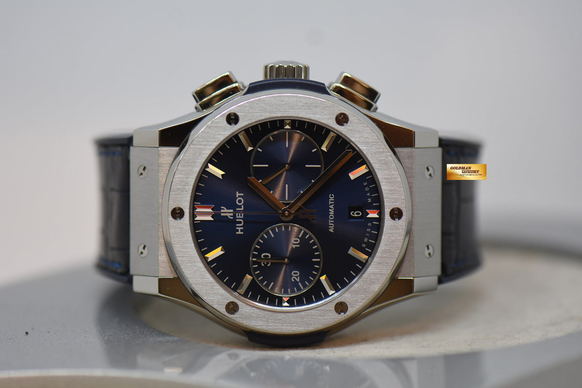 [SOLD] HUBLOT CLASSIC FUSION CHRONOGRAPH 45mm TITANIUM IN RUBBER STRAP BLUE DIAL AUTOMATIC 521.NX.7170.LR (MINT)